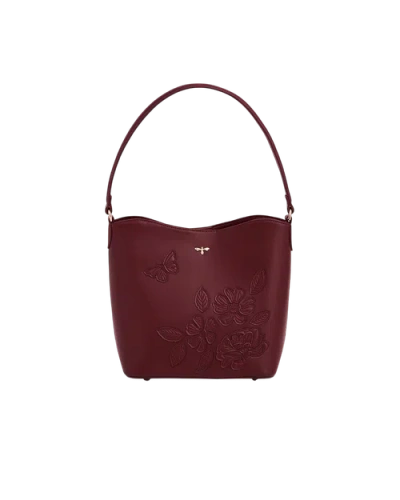 Fable England Floral Applique Margot Bucket Purse In Burgundy