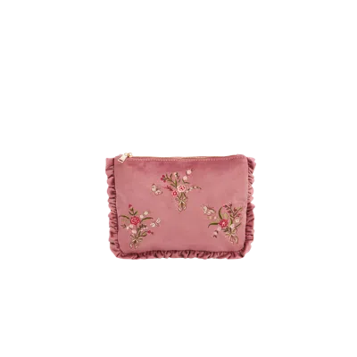 Fable England Floral Posy Velvet Embroidered Medium Pouch In Rose Pink
