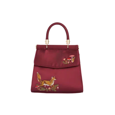 Fable England Fox & Mushroom Embroidered Burgundy Satin Tote In Red