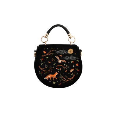 Fable England Fox & Owl Embroidered Black Top Handle Saddle Bag