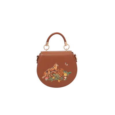 Fable England Fox & Pumpkin Embroidered Tan Saddle Bag In Brown