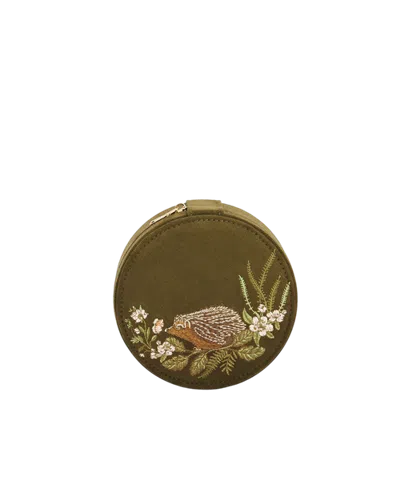 Fable England Hedgehog Embroidered Faux Suede Round Jewelry Box In Brown
