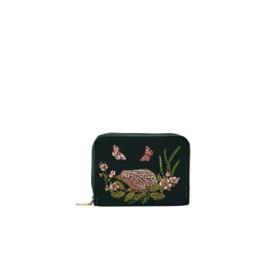 Fable England Hedgehog Velvet Embroidered Small Wallet In Dark Green