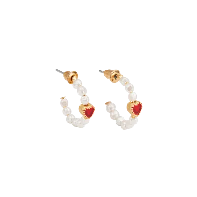 Fable England Love Heart Pearl Hoop Earrings In Gold