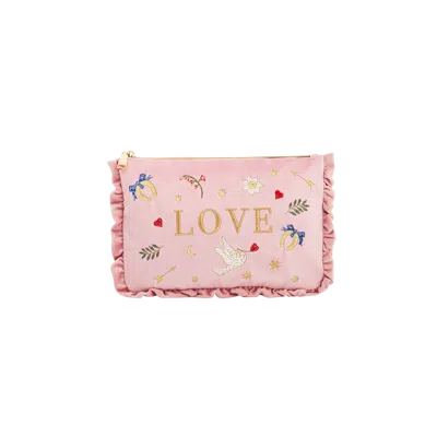 Fable England Love Scatter Velvet Embroidered Pouch In Pink