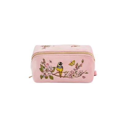 Fable England Love Velvet Embroidered Cosmetic Pouch In Pink