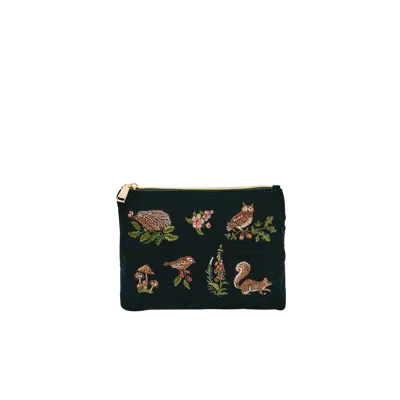 Fable England Meadow Scene Embroidered Medium Pouch Velvet In Dark Green