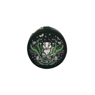 Fable England Nocturnal Garden Badger Embroidered Green Circle Jewellery Box