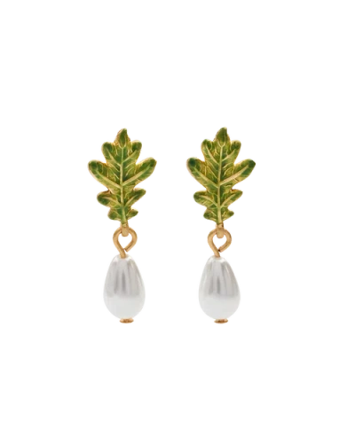 Fable England Oak Leaf Pearl Drop Gold Earrings