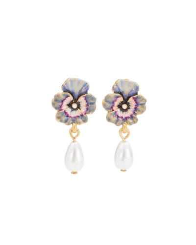 Fable England Pansy & Pearl Drop Stud Earrings In Gold