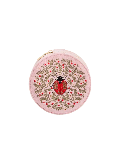 Fable England Pink Ladybird Velvet Embroidered Circle Jewellery Box