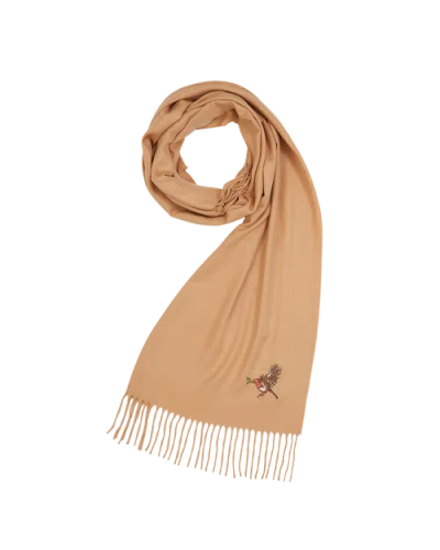 Fable England Robin Embroidered Cosy Camel Scarf In Brown