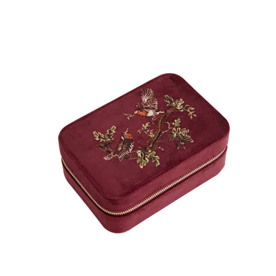 Fable England Robin Love Embroidered Large Velvet Jewellery Box In Burgundy