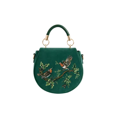 Fable England Robin Love Embroidered Saddle Bag Fern Green Velvet