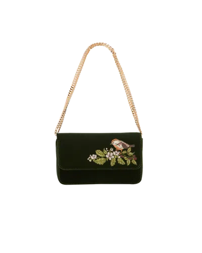 Fable England Sophia Wren Embroidered Occasion Purse Velvet In Dark Green