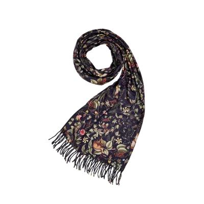 Fable England Wolf Garden Navy Scarf With Tassels In Blue