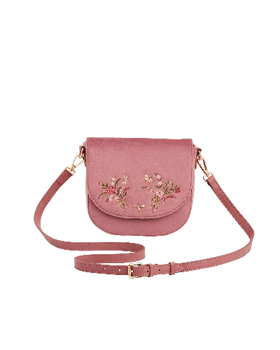 Fable England Women's Beth Floral Posy Embroidered Saddle Bag In Rose Pink Velvet