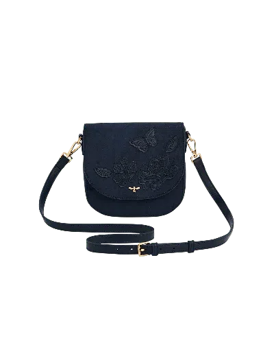 Fable England Women's Blue Beth Floral Applique Faux Suede Saddle Bag In Navy