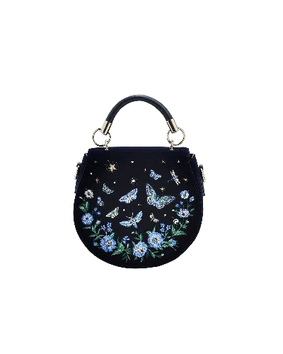 Fable England Women's Blue Charlotte Butterfly Embroidered Saddle Bag In Navy Velvet