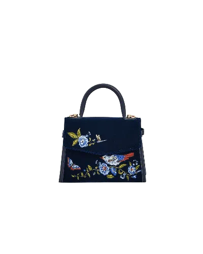 Fable England Women's Blue Eliza Nightingale Embroidered Top Handle Bag In Sapphire Velvet