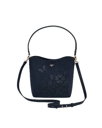 Fable England Women's Blue Margot Floral Applique Faux Suede Bucket Bag In Navy