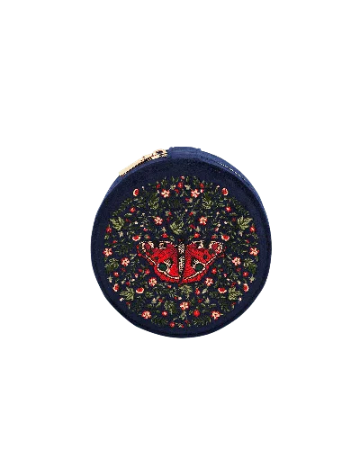 Fable England Women's Blue Navy Butterfly Velvet Embroidered Circle Jewellery Box