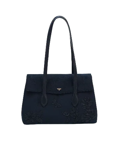 Fable England Women's Blue Romilly Floral Applique Faux Suede Shoulder Bag In Navy