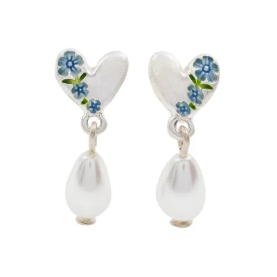 Fable England Women's Blue / Silver Forget Me Not Heart & Pearl Silver Earrings