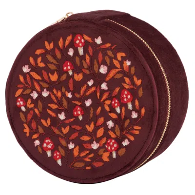 Fable England Women's Brown / Red Mushroom Embroidered Velvet Jewellery Box