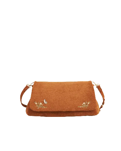 Fable England Women's Brown Tan Floral Embroidered Shoulder Bag