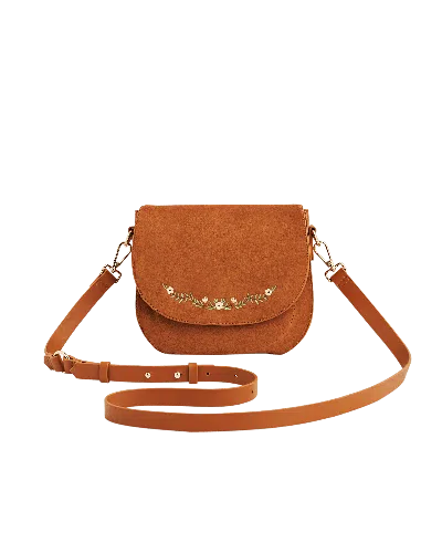 Fable England Women's Brown Tan Floral Faux Suede Embroidered Saddle Bag