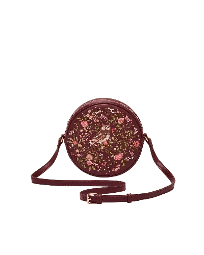 Fable England Women's Chloe Owl Embroidered Circle Bag In Burgundy In Red
