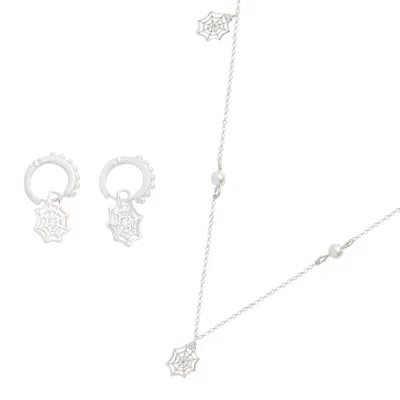Fable England Women's Cobweb & Pearl Silver Necklace & Huggie Silver Earrings Set