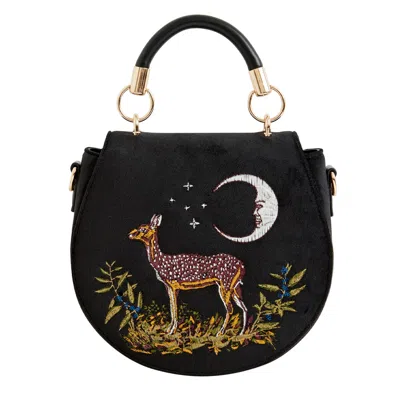 Fable England Women's Deer & Moon Embroidered Velvet Saddle Bag - Black