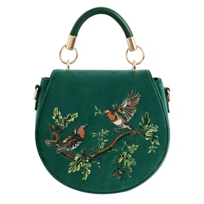 Fable England Women's  Robin Love Velvet Embroidered Saddle Bag - Fern Green
