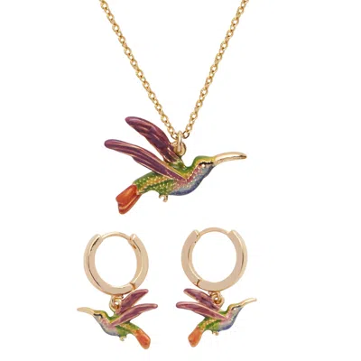 Fable England Women's  X Natural History Museum Hummingbird Pendant Necklace & Hummingbird Huggies Se