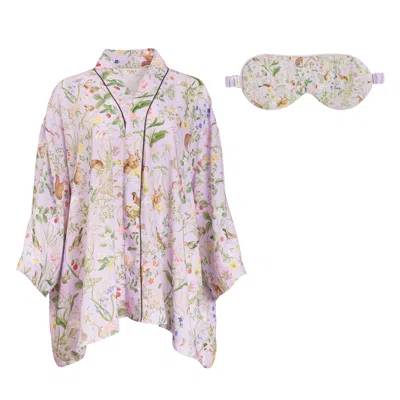 Fable England Women's Fable Meadow Creatures Lilac Short Kimono And Sleep Mask In Pink