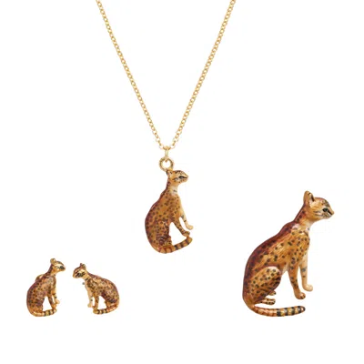 Fable England Women's Gold Bengal Cat Necklace, Earrings And Brooch In Burgundy