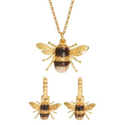 Fable England Women's Gold / Black Gold Bee Necklace & Stud Earrings Set