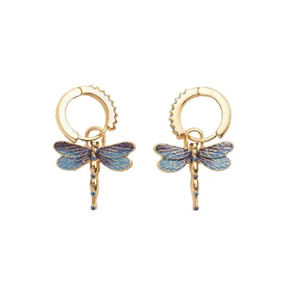Fable England Women's Gold / Blue Dragonfly Crystal Earrings