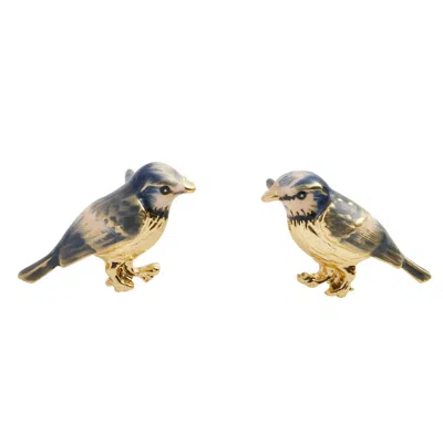 Fable England Women's Gold / Blue Enamel Blue Tit Stud Earrings