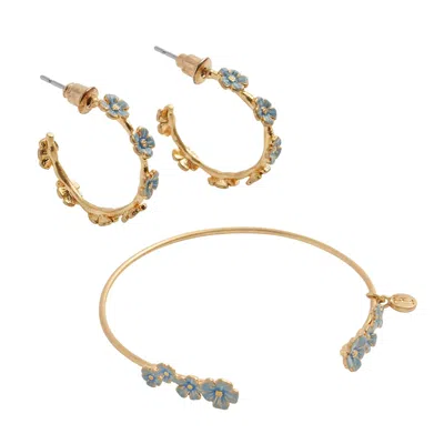 Fable England Women's Gold / Blue Forget Me Not Bangle & Forget Me Not Stud Hoop Earrings Set