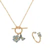 Fable England Women's Gold / Blue Forget Me Not Ring & Butterfly & Flower Necklace Set