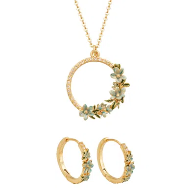 Fable England Women's Gold / Blue Gold Floral Wreath Necklace & Floral Wreath Hoop Earrings Set In Multi