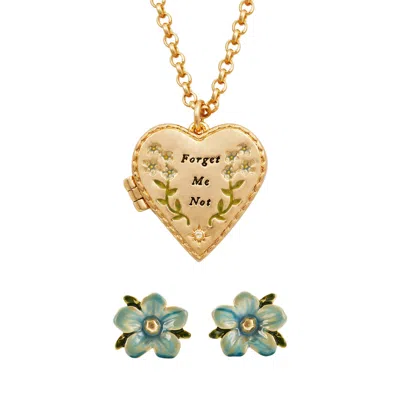 Fable England Women's Gold / Blue Gold Forget Me Not Heart Locket & Stud Earrings Set