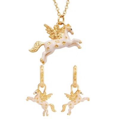 Fable England Women's Gold / Blue Gold Pegasus Necklace & Huggie Earrings Set In Multi
