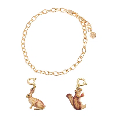 Fable England Women's Gold Cable Chain Bracelet With Enamel Rabbit Charm & Enamel Cheeky Squirrel Charm In Gray