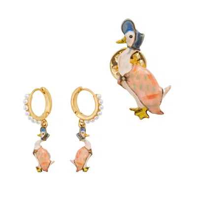 Fable England Women's Gold   X Peter Rabbit Jemima Brooch & Earrings Set