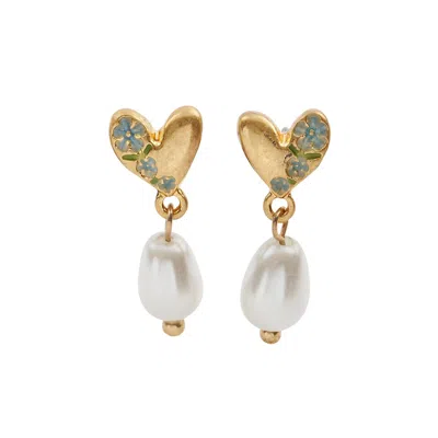 Fable England Women's Gold Forget-me-not Heart & Pearl Earrings