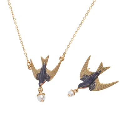Fable England Women's Gold / Grey Swallow & Pearl Necklace & Swallow & Pearl Brooch Set
